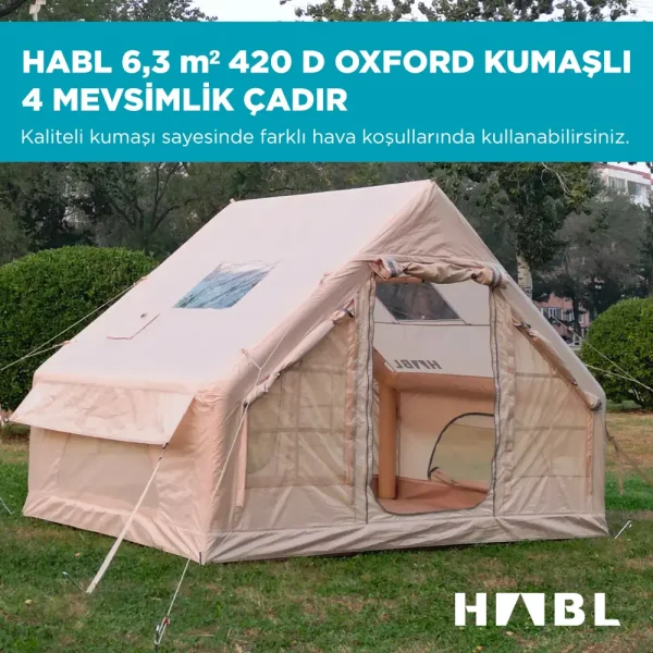 HABL 6 kişilik 6.3 m² şişme kamp çadırı – su geçirmez kumaş, panoramik pencereler ve baca çıkışlı glamping tasarım