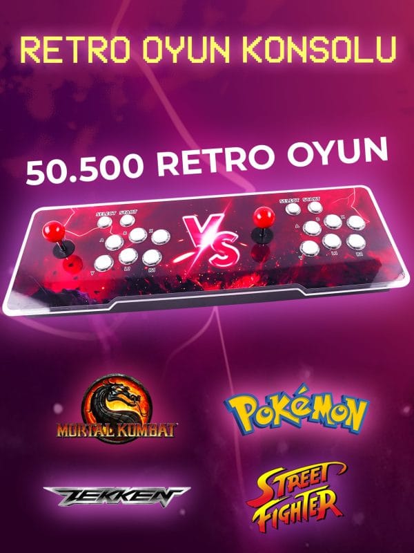 2 oyunculu joystick ve butonlara sahip 50.500 oyunlu retro oyun konsolu