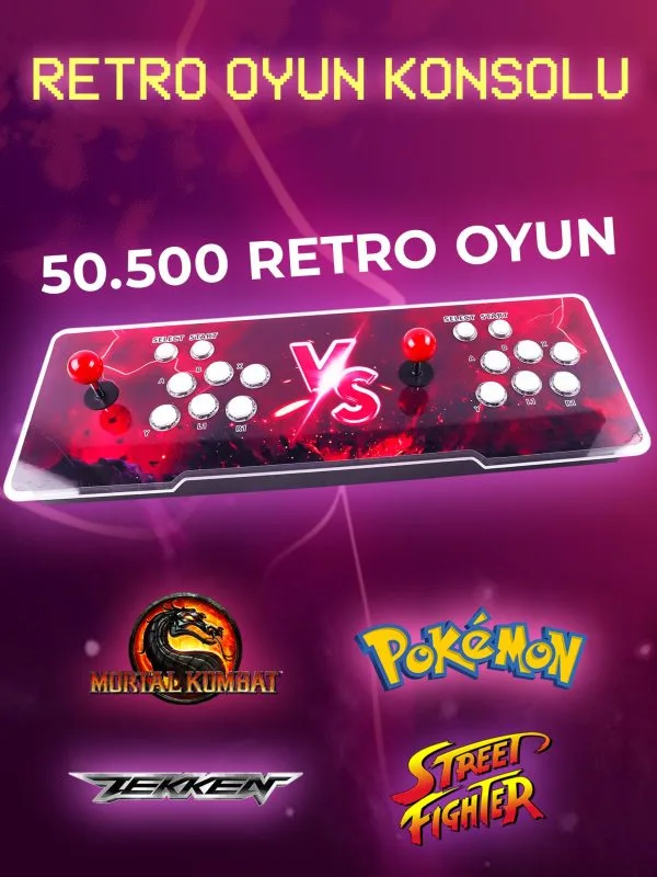 2 oyunculu joystick ve butonlara sahip 50.500 oyunlu retro oyun konsolu