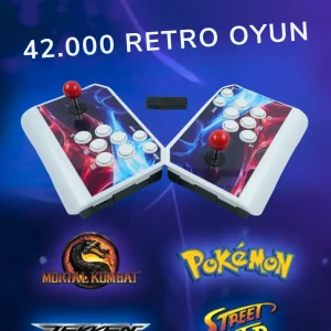 İki kablosuz kumandalı retro oyun konsolu seti ve 42.000 klasik oyun logosu