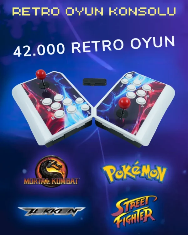 İki kablosuz kumandalı retro oyun konsolu seti ve 42.000 klasik oyun logosu