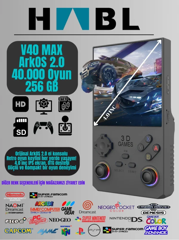 Siyah renkli HABL V40 Max retro oyun konsolu, 40.000 yüklü oyun ve 256GB hafıza ile birlikte.