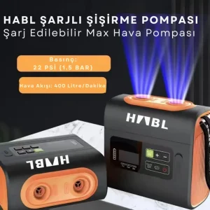 HABL Şarjlı Şişirme Pompası – 22 PSI (1.5 BAR) basınç, 400 L/dk hava akışı, taşınabilir şarjlı dijital hava pompası