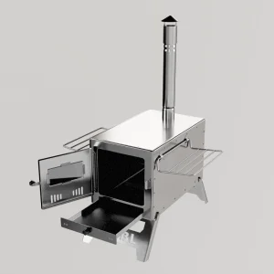 Çift askı demirli krom çadır sobası açık kapak ve kül çekmecesi görünümü – 430 krom kamp sobası