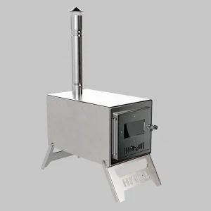 Üst tablasında yemek pişirilebilen, yan camlı galvaniz kamp & çadır sobası.