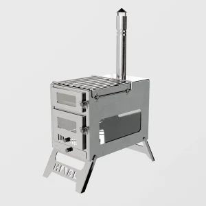 Yan tarafı geniş camlı, ateş izleme pencereli krom çadır sobası.